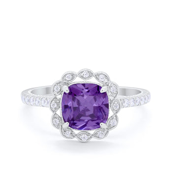 Halo Cushion Engagement Ring Simulated Amethyst CZ 925 Sterling Silver